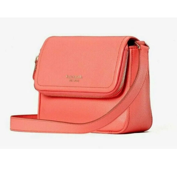 New Kate Spade Run Around Large Flap Crossbody Pebble Leather Peach Melba - Picture 3 of 5